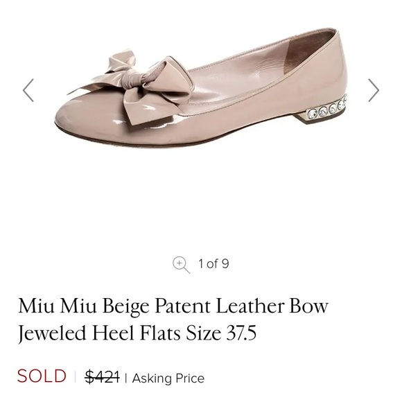 Miu Miu Vernice Cipria Beige Bow Patent Leather Jewel Heel Ballet Flats Size 37 - Picture 5 of 6